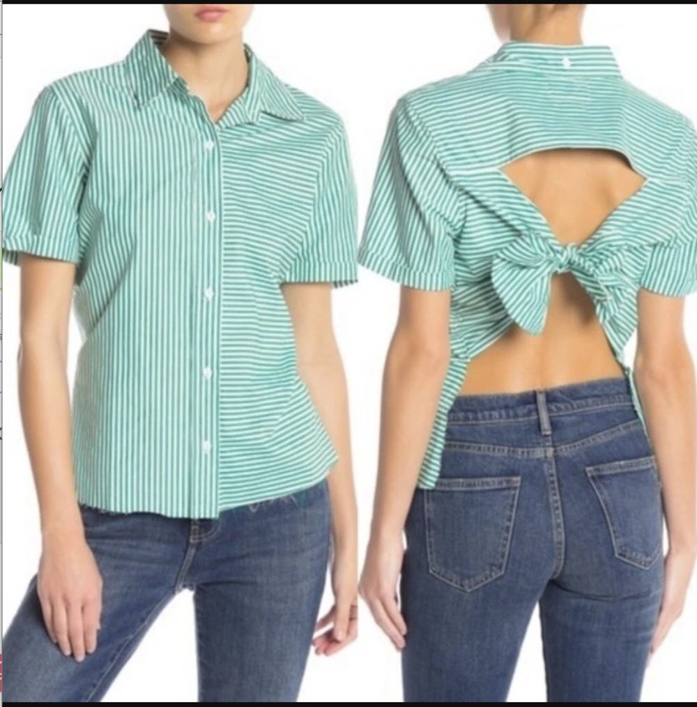 Current/Elliott Open Back Tie Stripe Button Up Shirt Green Cut Out Womens Med